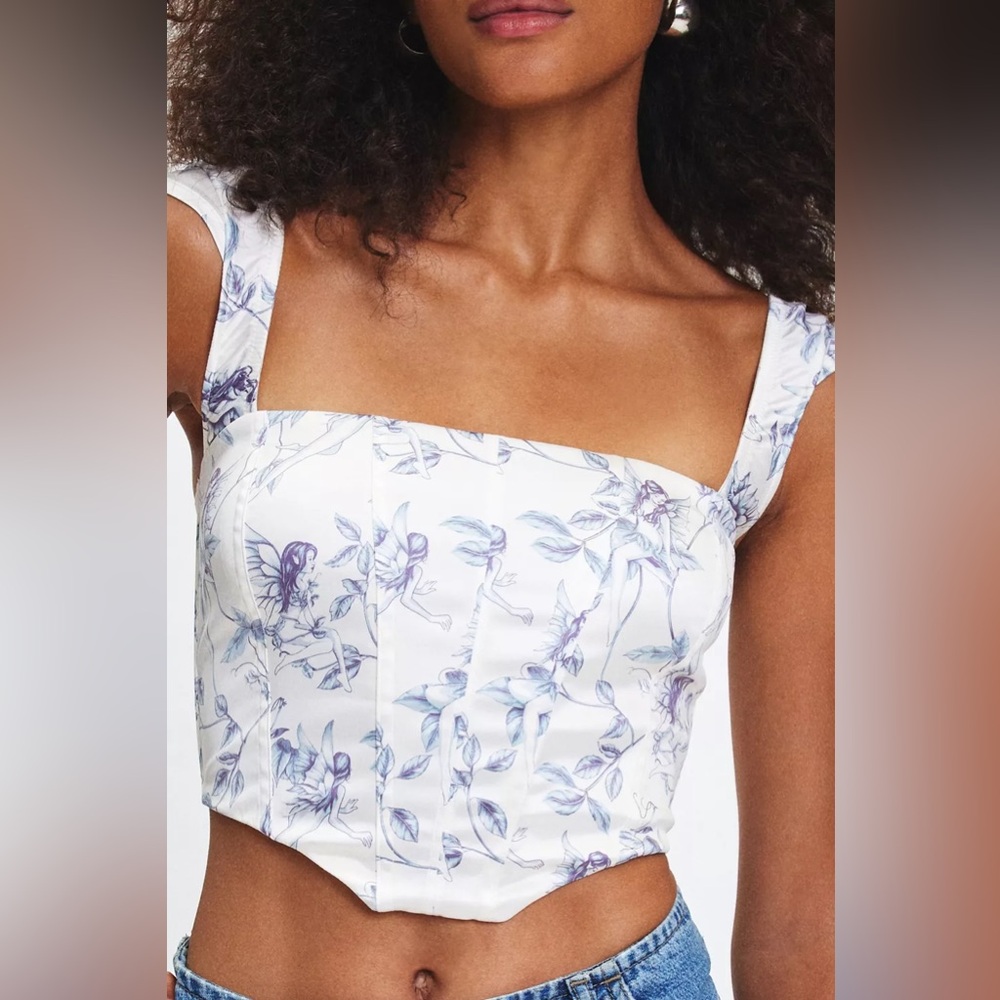 UO Out From Under About Time Printed Cropped Satin Corset Top, Ivory, Me… - Picture 1 of 4